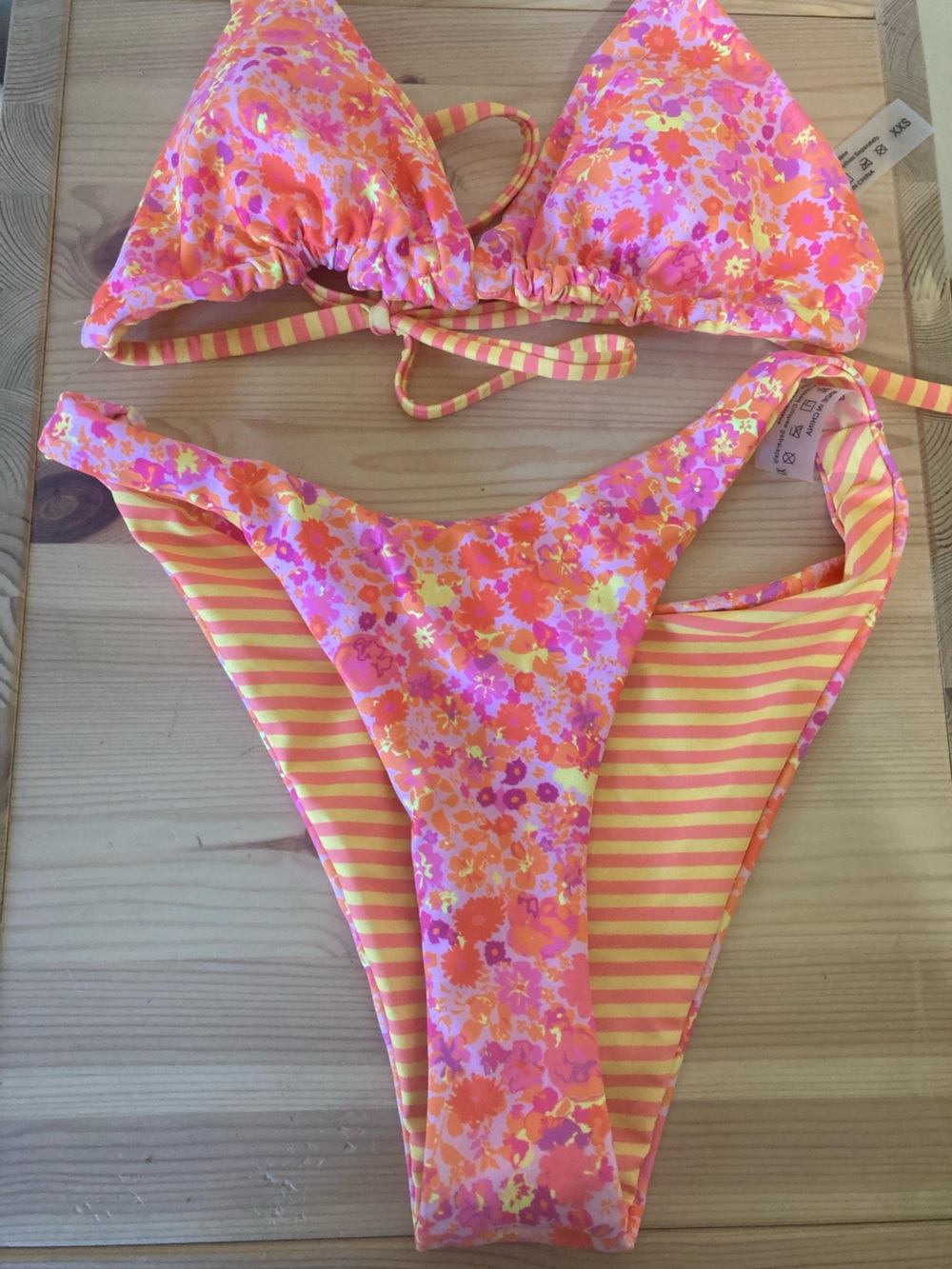 SHEIN Pink Orange Floral & Yellow Stripe Bikini Set